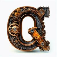 a close up of a metal letter with gears and a wren. generative ai. photo