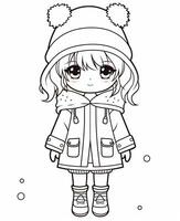 un niña en invierno ropa y sombrero en pie en nieve. generativo ai. foto