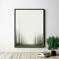 a framed photograph of a forest with fog in the background. generative ai. photo