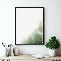 a framed photograph of a tree in a white room with a wooden table. generative ai. photo