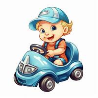 cartoon boy driving a toy car with a cap on. generative ai. photo