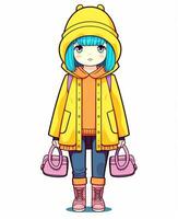 cartoon girl in yellow raincoat and hat with pink purse. generative ai. photo