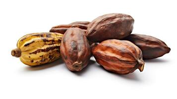 Fresh dark red Cocoa pods isolated on white background. Generative Ai photo