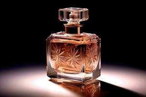 Elegant transparent bottle perfume on black background. Genaretive Ai photo