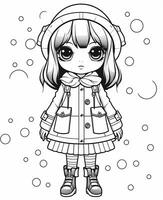 un dibujos animados niña en un invierno Saco y sombrero en pie en el nieve. generativo ai. foto