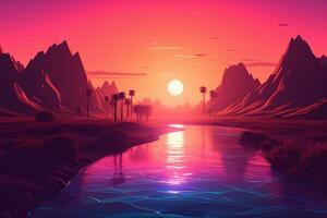 un brillantemente de colores puesta de sol terminado un río con montañas y palma arboles generativo ai. foto