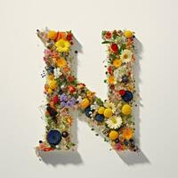 arafa letra hecho de flores y frutas en un blanco superficie. generativo ai. foto