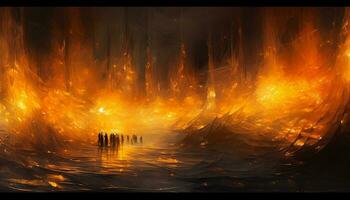 flames are rising from the ground as people walk through a dark area. generative ai. photo
