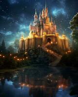 nighttime scene of a castle with a pond and stars in the sky. generative ai. photo