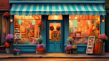 pintura de un Tienda frente con un azul toldo y un azul puerta. generativo ai. foto