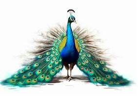 peacock with feathers spread out and tail feathers spread out. generative ai. photo