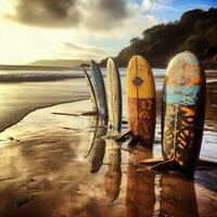 varios tablas de surf son forrado arriba en el playa en el arena. generativo ai. foto