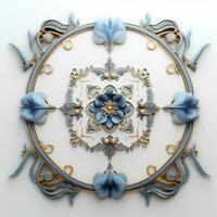 there is a decorative clock with blue flowers on it. generative ai. photo