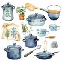 there are many pots and pans that are painted in watercolor. generative ai. photo