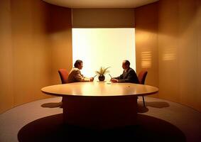 allí son dos hombres sentado a un mesa en un habitación. generativo ai. foto