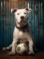 allí es un perro ese es sentado con un fútbol pelota. generativo ai. foto
