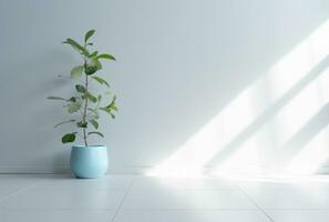 there is a plant in a blue vase on a white floor. generative ai. photo