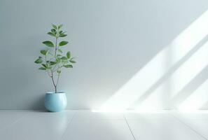 there is a plant in a blue vase on a white floor. generative ai. photo