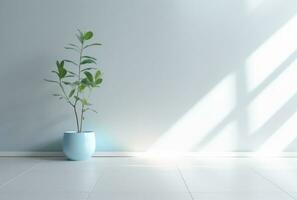 there is a plant in a blue vase on the floor. generative ai. photo