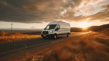 un blanco entrega camioneta transportado en un la carretera a puesta de sol. transporte. generativo ai foto