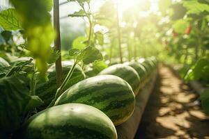 Watermelon with leaves and sunlight in the agriculture farm waiting for harvest in greenhouse. Generative Ai photo