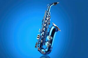 Saxophone isolated on blue background. Music concept. Generative Ai photo