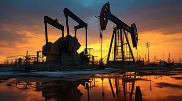 Silhouette of oil pump, industrial equipment at sunset, power industry machines for producing petroleum gas. Generative Ai photo