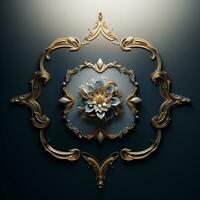 there is a gold flower on a blue wall with a gold frame. generative ai. photo