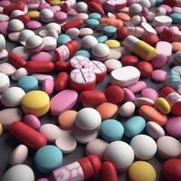 a close up of a pile of pills and pills on a table. generative ai. photo