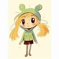 a cartoon girl with a green hat and a green coat. generative ai. photo
