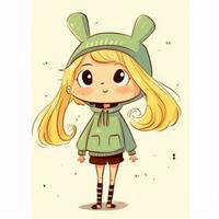 a cartoon girl with a green hat and a green jacket. generative ai. photo