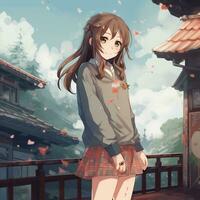 anime girl in a school uniform standing on a balcony with cherry blossoms in the air. generative ai. photo