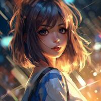 anime girl with a backpack looking at the camera. generative ai. photo