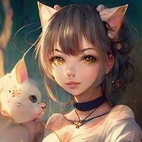 anime girl with cat ears holding a white cat in her arms. generative ai. photo