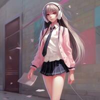 anime girl with headphones walking down the street with a book. generative ai. photo
