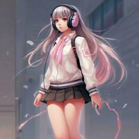 anime girl with headphones walking in front of a building. generative ai. photo