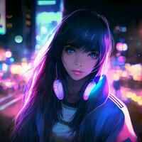 anime girl with headphones in the city at night. generative ai. photo