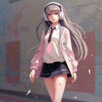 anime girl with headphones walking down the street in a school uniform. generative ai. photo