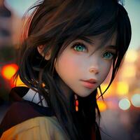 anime girl with long hair and green eyes in a city. generative ai. photo