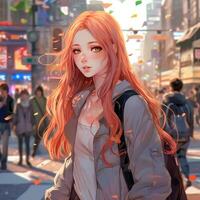 anime girl with red hair and backpack walking down a busy street. generative ai. photo