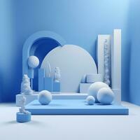 arafa imagen de un azul y blanco habitación con un blanco escenario. generativo ai. foto
