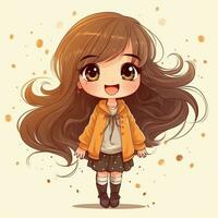 cartoon girl with long brown hair and a yellow jacket. generative ai. photo