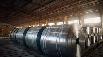 Rolls of galvanized steel sheet inside the factory. Galvanized steel sheet in warehouse. Generative Ai photo