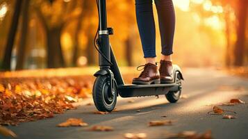 Close up of female feet on an electric scooter, with a wheel in the foreground. Generative Ai photo