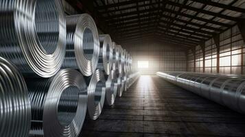 Rolls of galvanized steel sheet inside the factory. Galvanized steel sheet in warehouse. Generative Ai photo