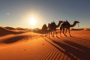 Arabs with Camels Tour in the Sahara Desert with Guided Berber Dubai Tour in Morning. Sunrise. Generative Ai. photo