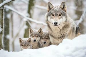 Mother wolf and wolf cubs in winter snow. Generative AI. photo