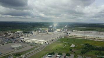 Aerial shot of wood-processing plant video