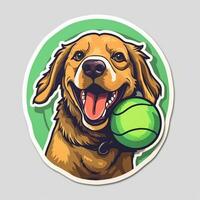 a close up of a sticker with a dog holding a tennis ball. generative ai. photo