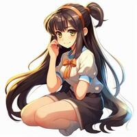 anime girl with long hair sitting on the ground with her hand on her chin. generative ai. photo